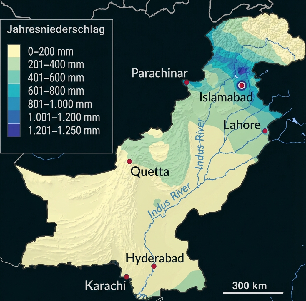 Karte von Pakistan mit Farblegende zum Jahresniederschlag und markierten Städten (Islamabad, Lahore, Karachi)